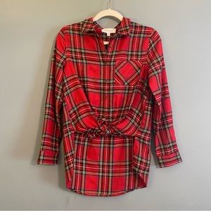 NWT Hippie Rose Red Black Multi Plaid Tie Front Plaid Flannel Shirt Sz S